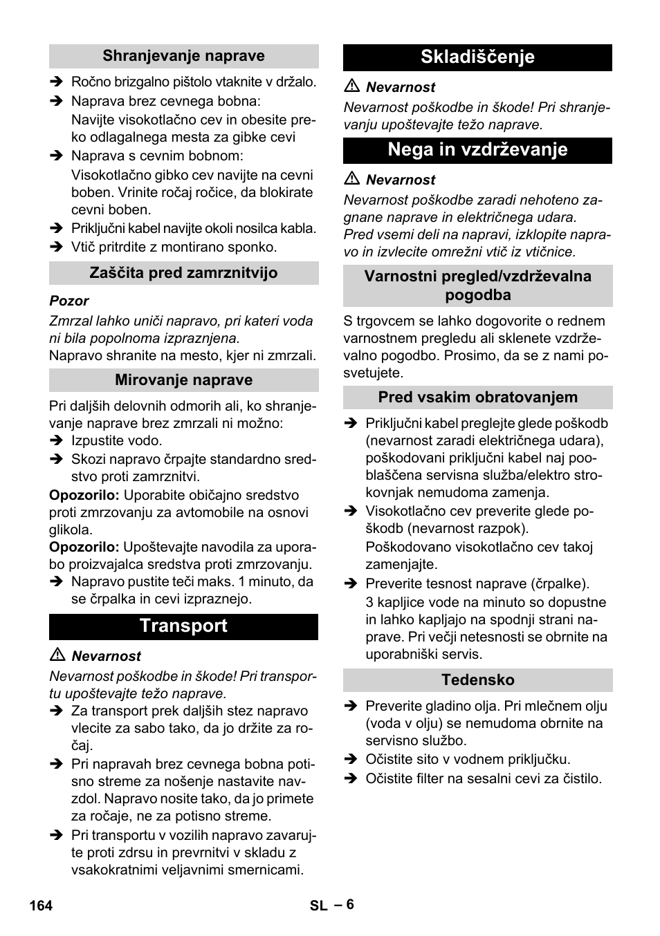 Transport skladiščenje nega in vzdrževanje | Karcher HD 5-15 C + FR User Manual | Page 164 / 280