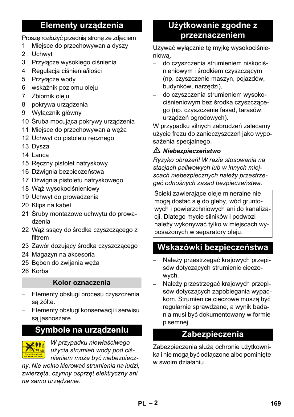 Elementy urządzenia, Wskazówki bezpieczeństwa zabezpieczenia | Karcher HD 5-15 C + FR User Manual | Page 169 / 280