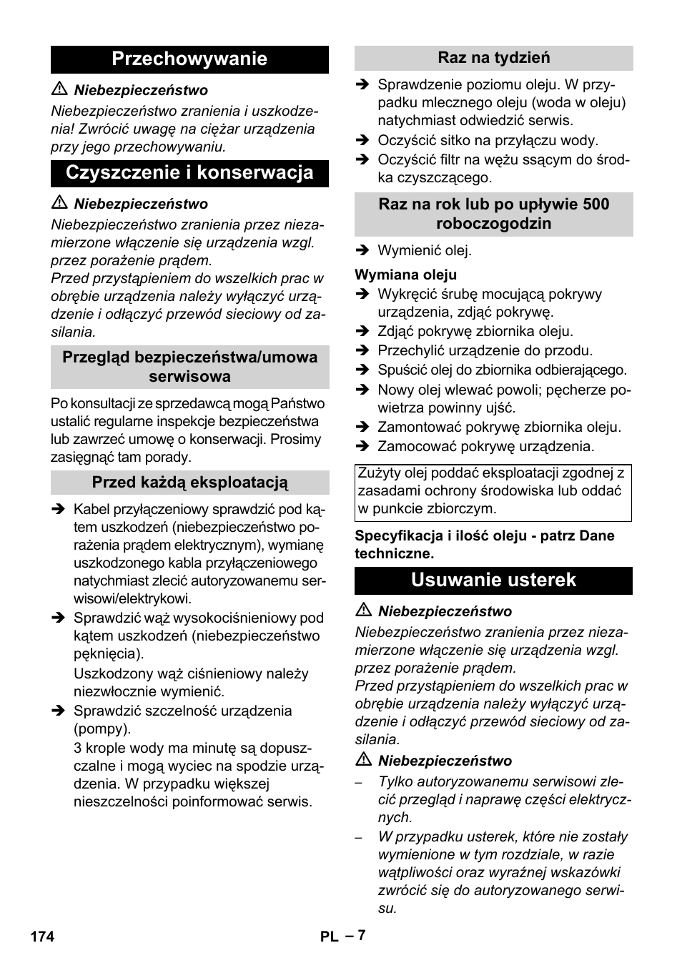 Przechowywanie czyszczenie i konserwacja, Usuwanie usterek | Karcher HD 5-15 C + FR User Manual | Page 174 / 280