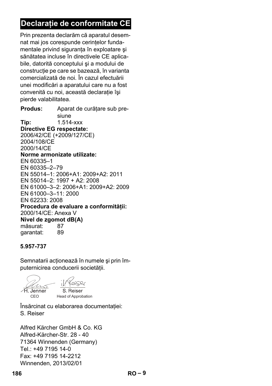 Declaraţie de conformitate ce | Karcher HD 5-15 C + FR User Manual | Page 186 / 280