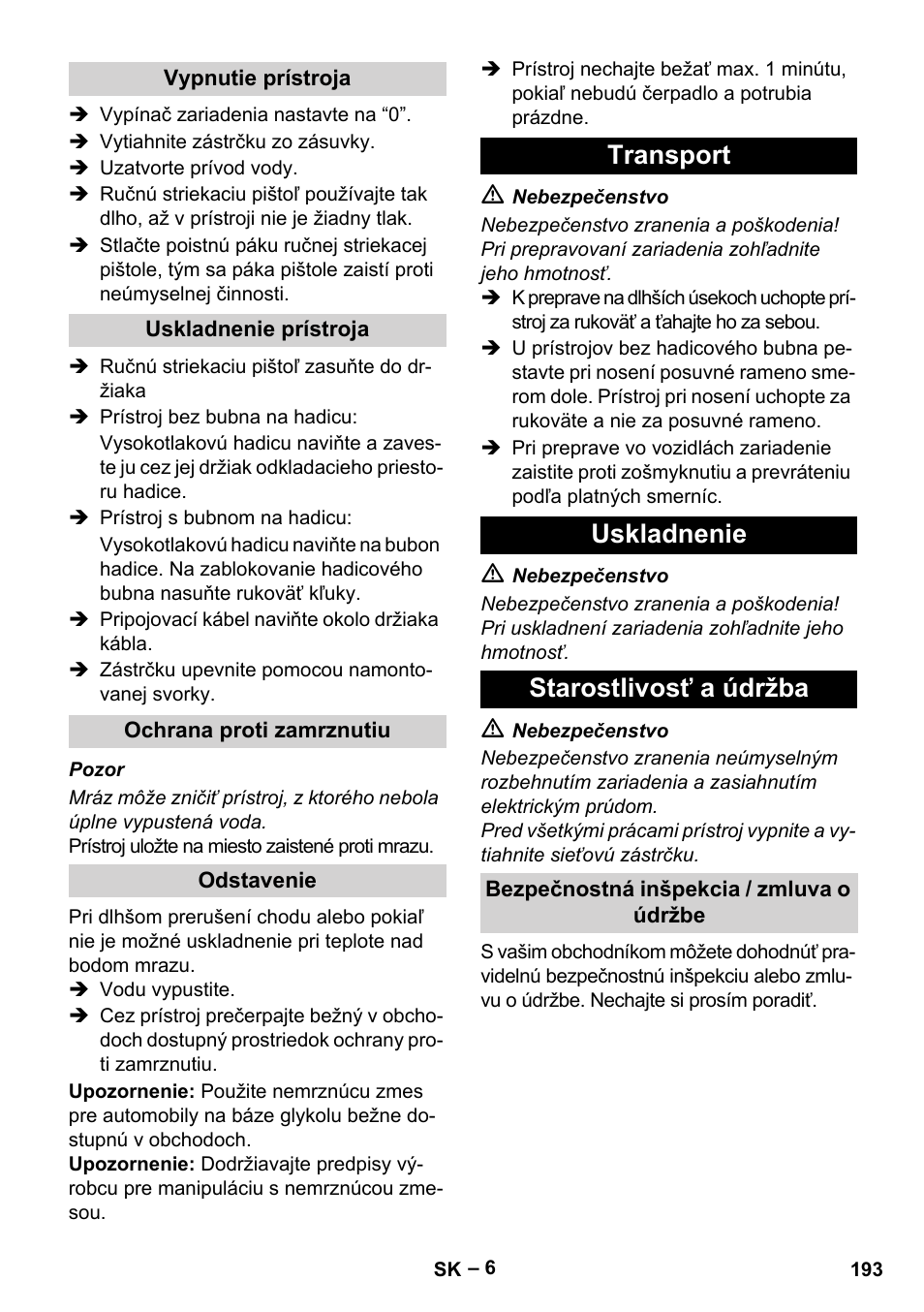 Transport uskladnenie starostlivosť a údržba | Karcher HD 5-15 C + FR User Manual | Page 193 / 280