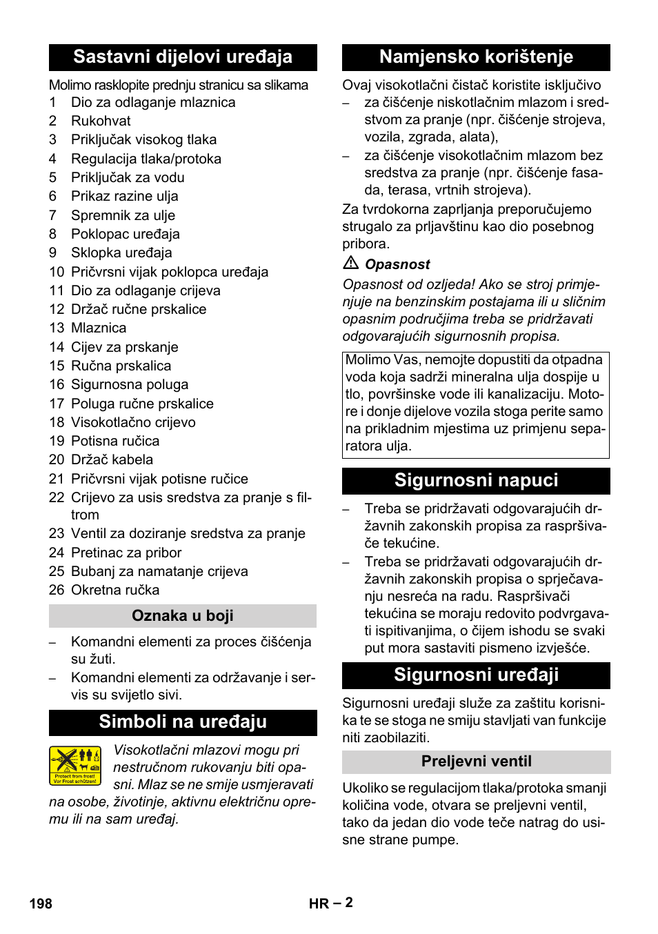 Sastavni dijelovi uređaja, Simboli na uređaju namjensko korištenje, Sigurnosni napuci sigurnosni uređaji | Karcher HD 5-15 C + FR User Manual | Page 198 / 280