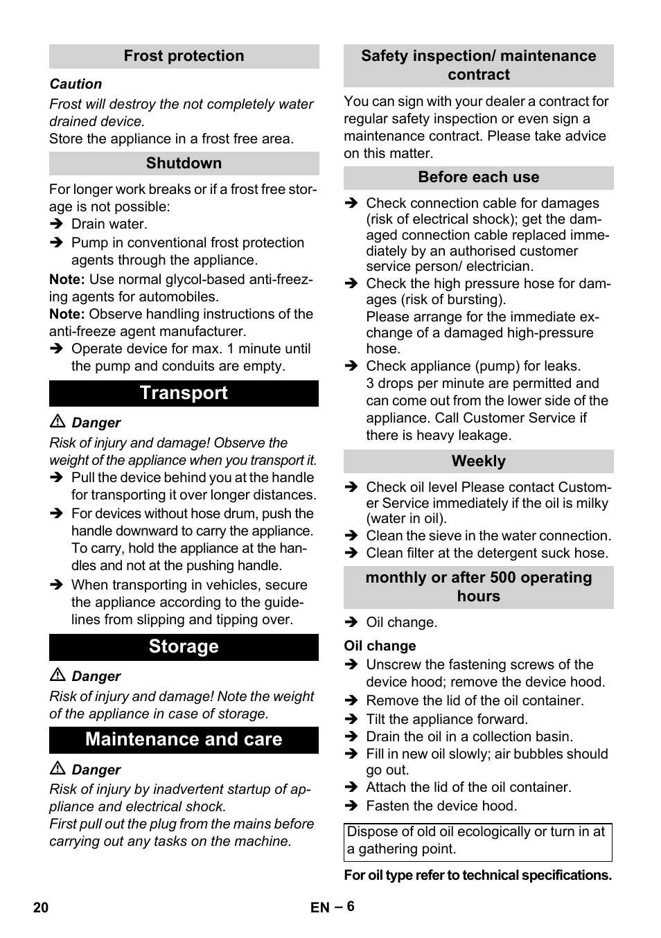 Transport storage maintenance and care | Karcher HD 5-15 C + FR User Manual | Page 20 / 280