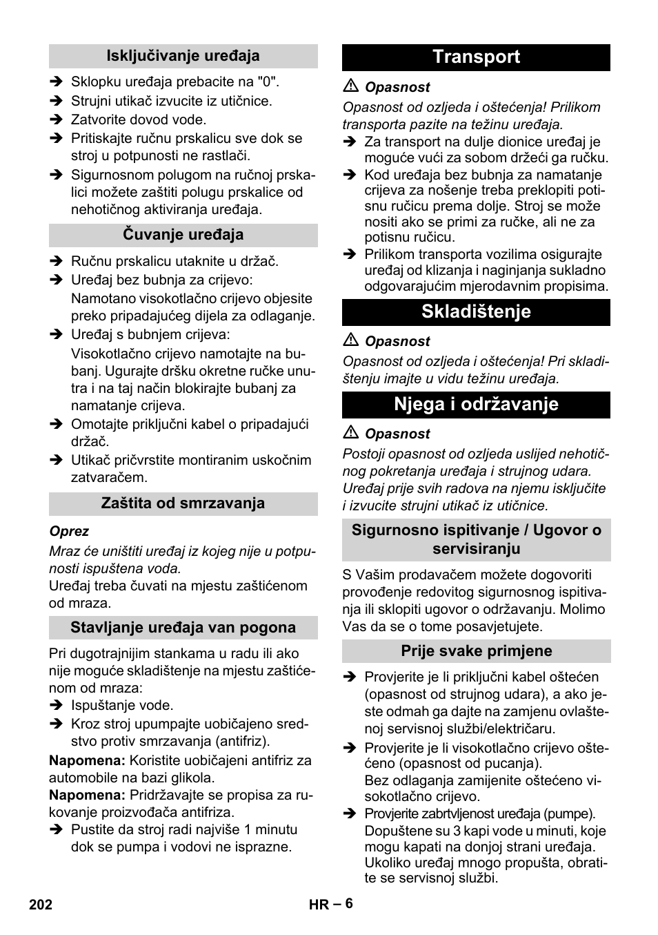 Transport skladištenje njega i održavanje | Karcher HD 5-15 C + FR User Manual | Page 202 / 280