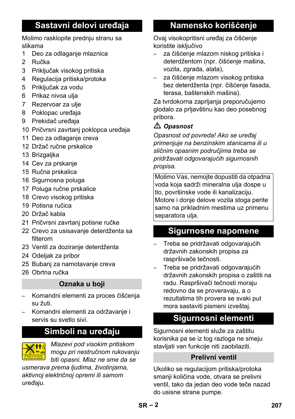 Sastavni delovi uređaja, Simboli na uređaju namensko korišćenje, Sigurnosne napomene sigurnosni elementi | Karcher HD 5-15 C + FR User Manual | Page 207 / 280