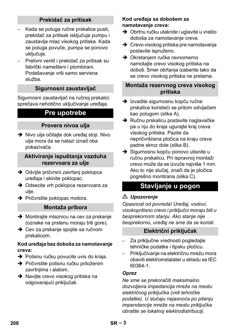 Pre upotrebe, Stavljanje u pogon | Karcher HD 5-15 C + FR User Manual | Page 208 / 280