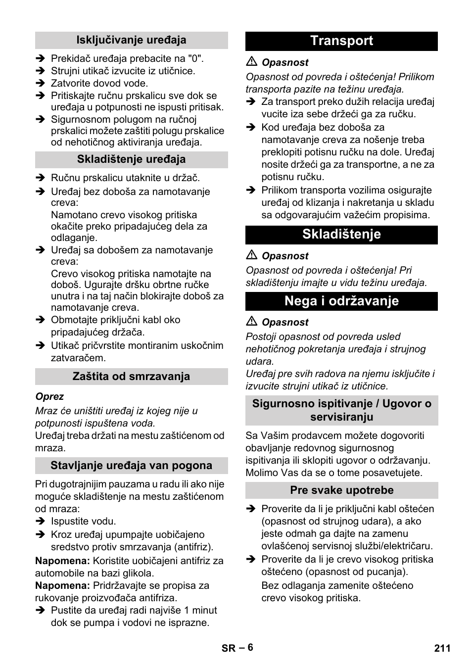 Transport skladištenje nega i održavanje | Karcher HD 5-15 C + FR User Manual | Page 211 / 280