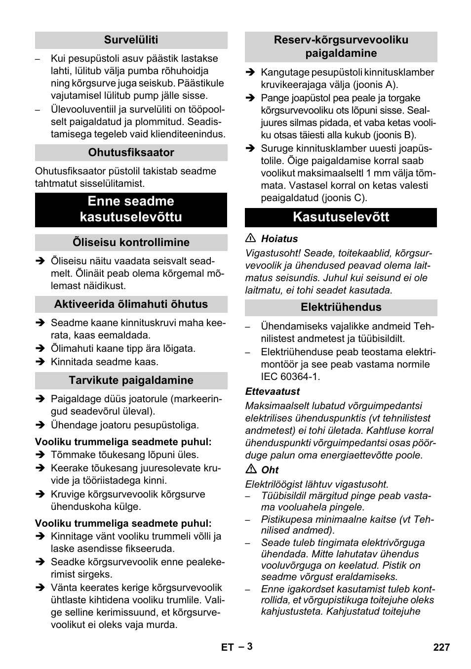 Enne seadme kasutuselevõttu, Kasutuselevõtt | Karcher HD 5-15 C + FR User Manual | Page 227 / 280