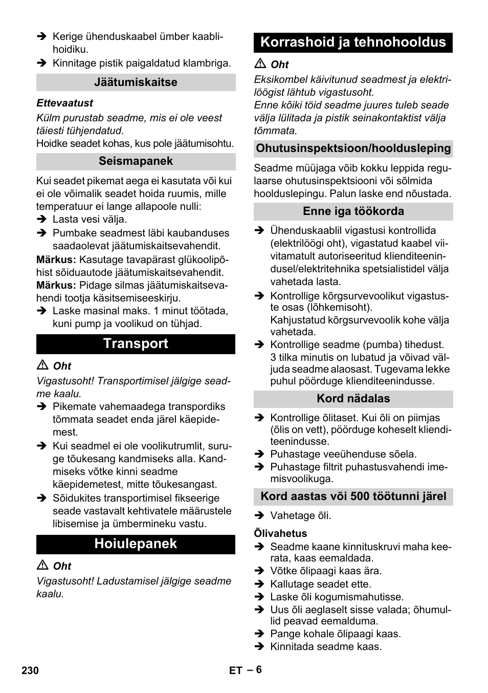 Transport hoiulepanek korrashoid ja tehnohooldus | Karcher HD 5-15 C + FR User Manual | Page 230 / 280