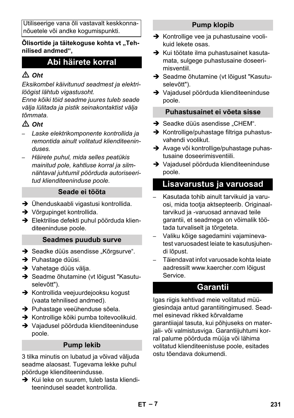 Abi häirete korral, Lisavarustus ja varuosad garantii | Karcher HD 5-15 C + FR User Manual | Page 231 / 280