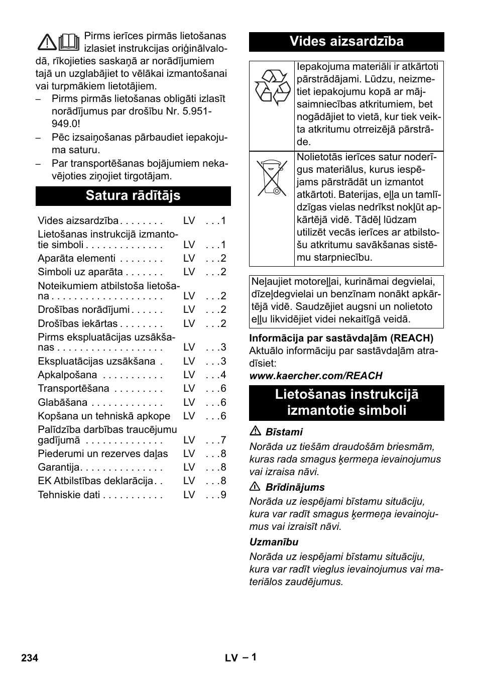 Latviešu, Satura rādītājs, Vides aizsardzība | Lietošanas instrukcijā izmantotie simboli | Karcher HD 5-15 C + FR User Manual | Page 234 / 280