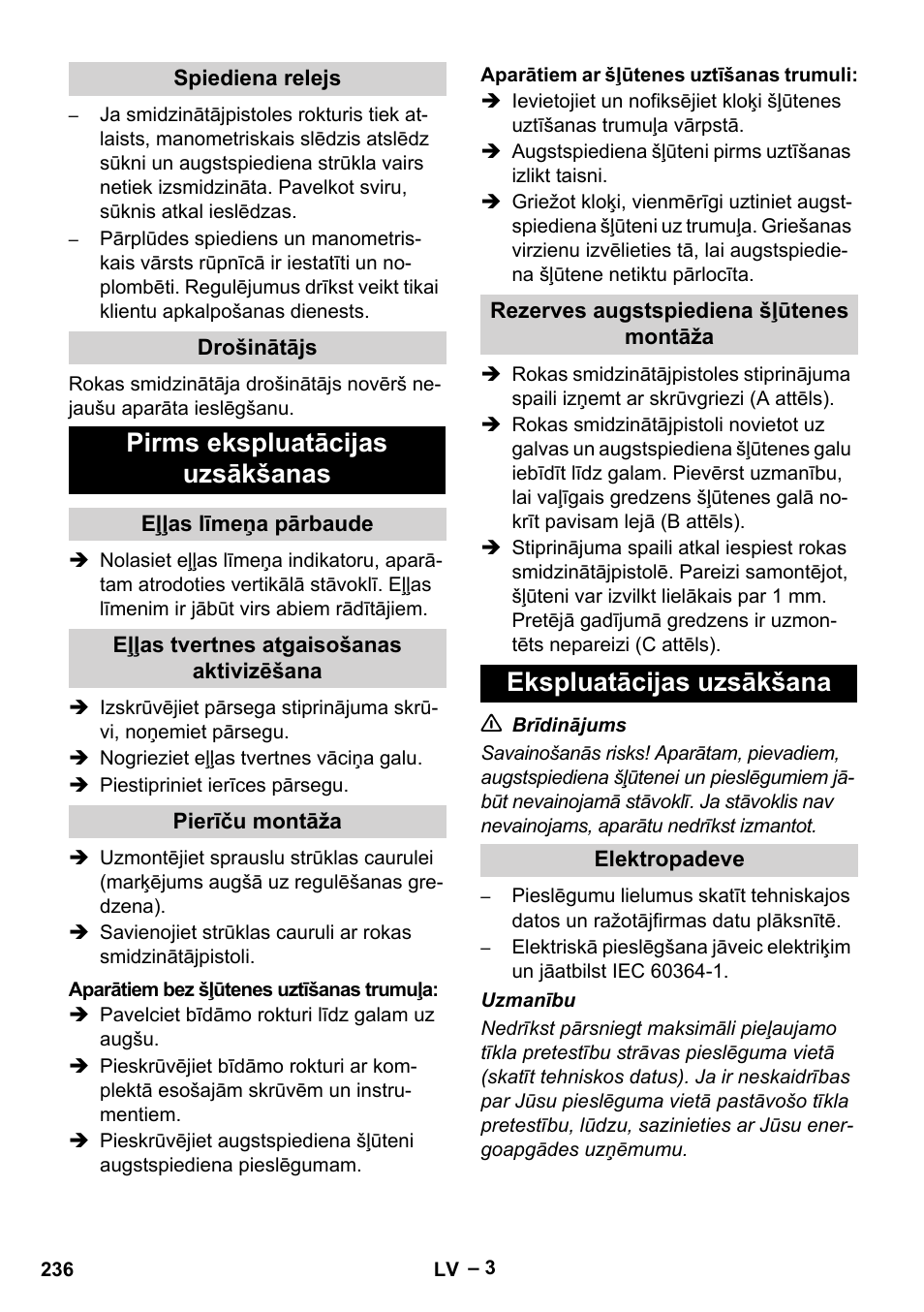 Pirms ekspluatācijas uzsākšanas, Ekspluatācijas uzsākšana | Karcher HD 5-15 C + FR User Manual | Page 236 / 280