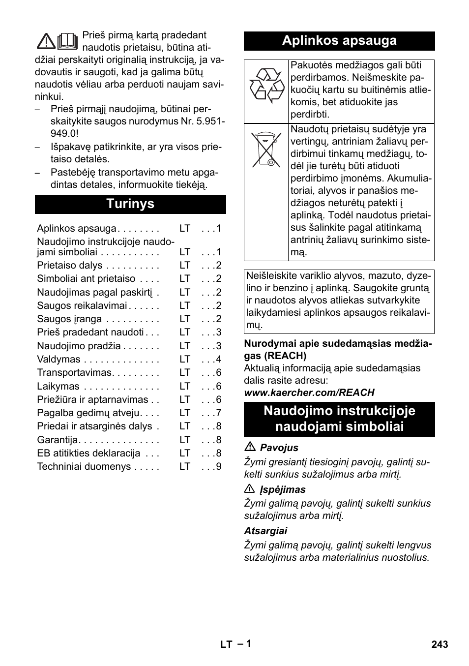 Lietuviškai, Turinys, Aplinkos apsauga | Naudojimo instrukcijoje naudojami simboliai | Karcher HD 5-15 C + FR User Manual | Page 243 / 280