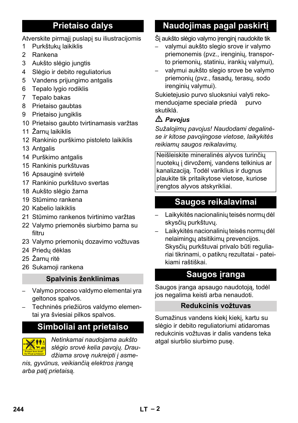 Prietaiso dalys, Simboliai ant prietaiso naudojimas pagal paskirtį, Saugos reikalavimai saugos įranga | Karcher HD 5-15 C + FR User Manual | Page 244 / 280