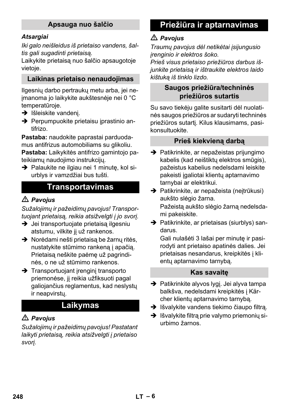 Transportavimas laikymas priežiūra ir aptarnavimas | Karcher HD 5-15 C + FR User Manual | Page 248 / 280