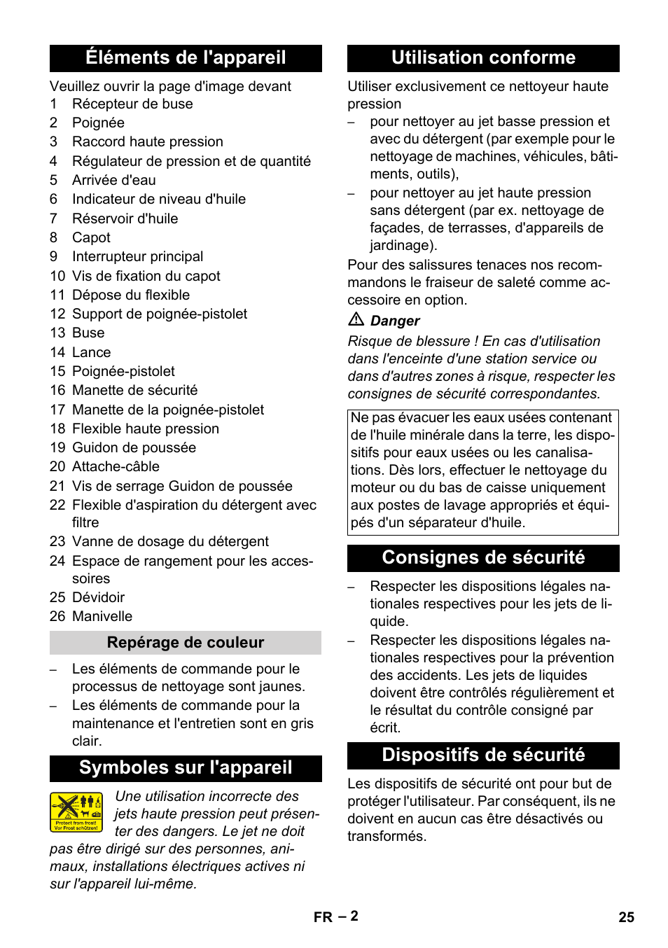 Éléments de l'appareil, Symboles sur l'appareil utilisation conforme, Consignes de sécurité dispositifs de sécurité | Karcher HD 5-15 C + FR User Manual | Page 25 / 280