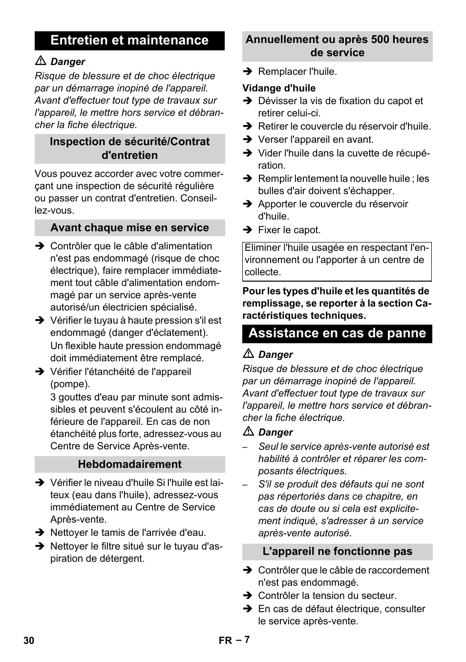 Entretien et maintenance, Assistance en cas de panne | Karcher HD 5-15 C + FR User Manual | Page 30 / 280