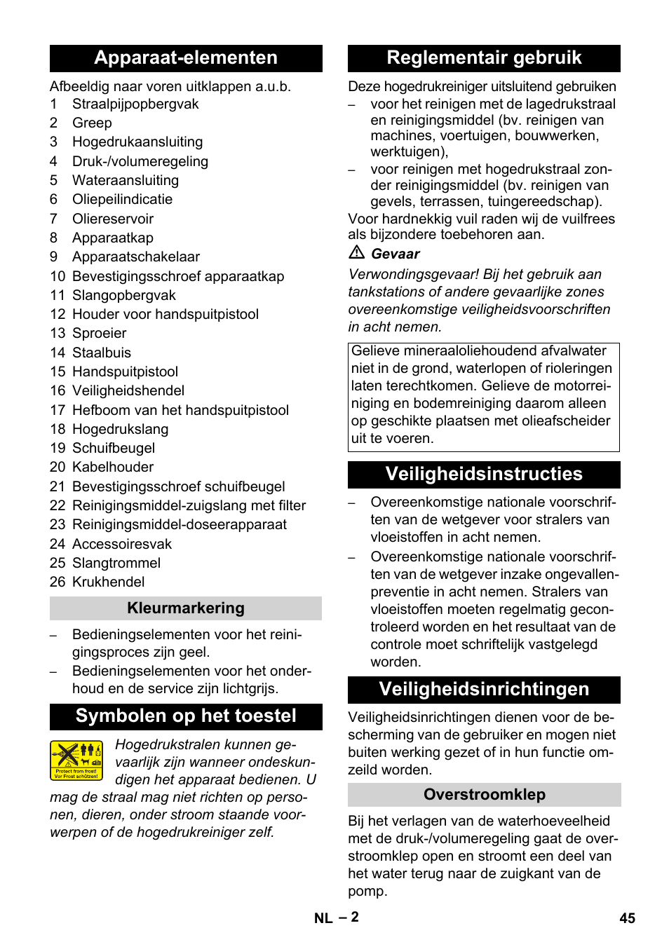 Apparaat-elementen, Symbolen op het toestel reglementair gebruik, Veiligheidsinstructies veiligheidsinrichtingen | Karcher HD 5-15 C + FR User Manual | Page 45 / 280