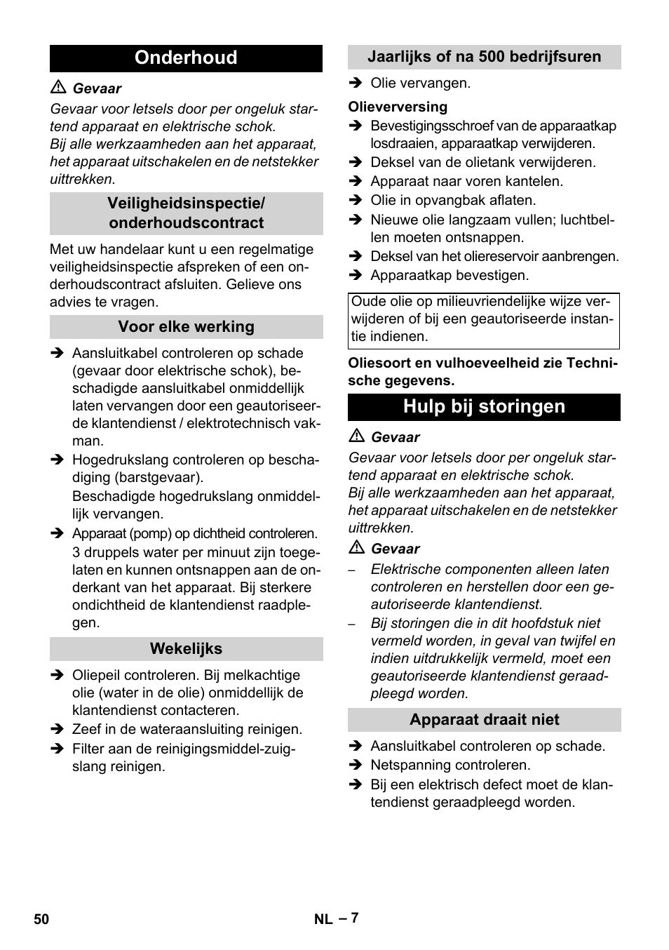 Onderhoud, Hulp bij storingen | Karcher HD 5-15 C + FR User Manual | Page 50 / 280