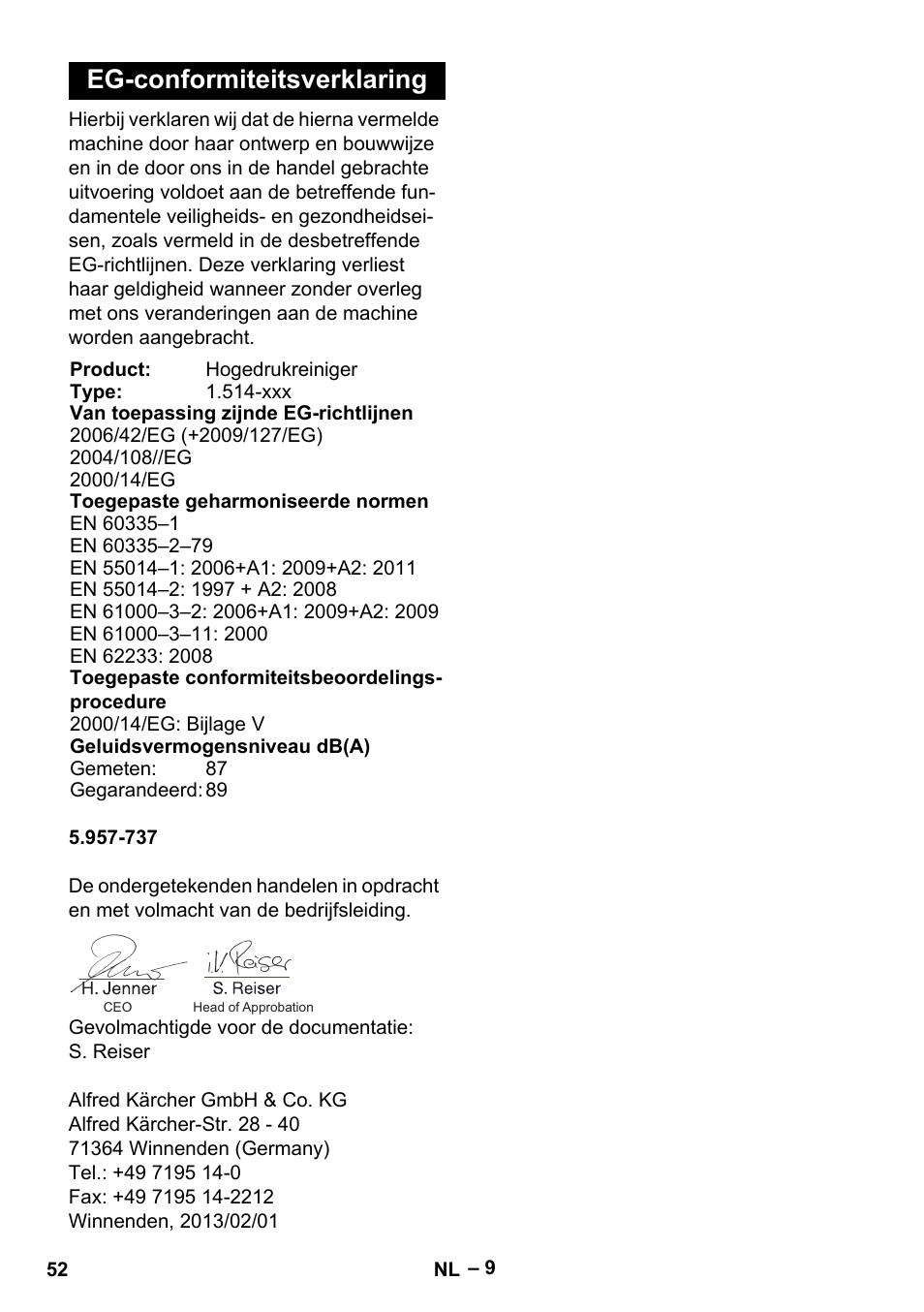 Eg-conformiteitsverklaring | Karcher HD 5-15 C + FR User Manual | Page 52 / 280
