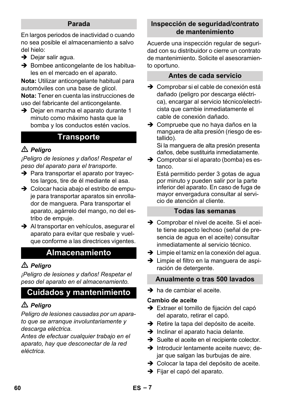 Transporte almacenamiento cuidados y mantenimiento | Karcher HD 5-15 C + FR User Manual | Page 60 / 280