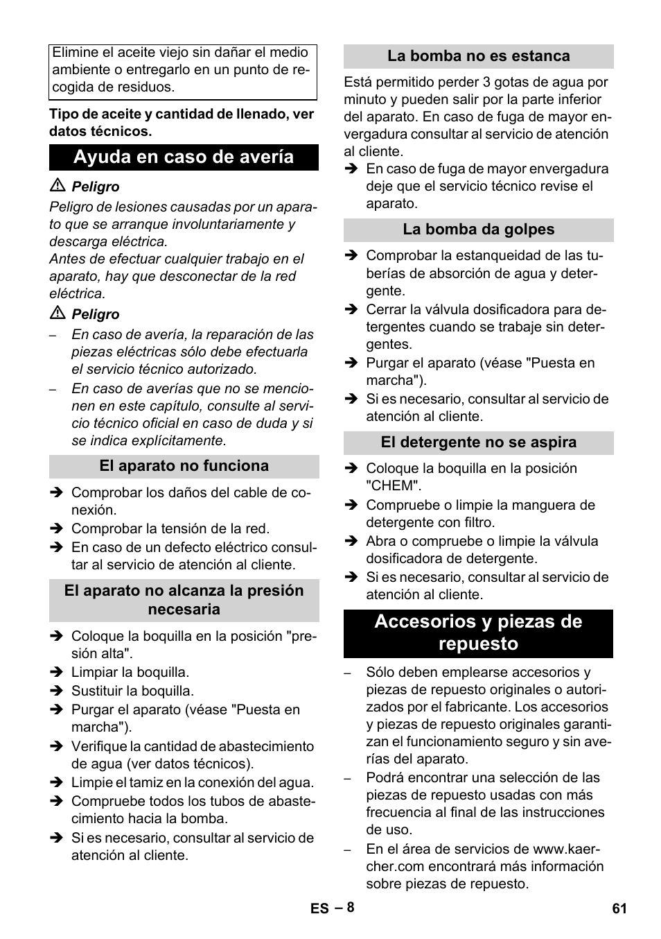 Ayuda en caso de avería, Accesorios y piezas de repuesto | Karcher HD 5-15 C + FR User Manual | Page 61 / 280