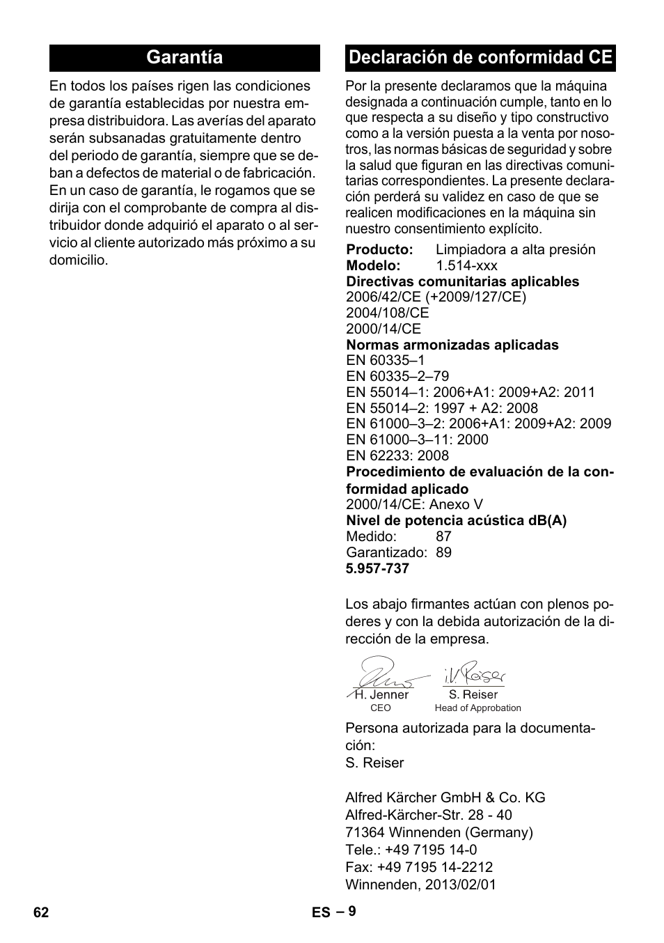 Garantía declaración de conformidad ce | Karcher HD 5-15 C + FR User Manual | Page 62 / 280