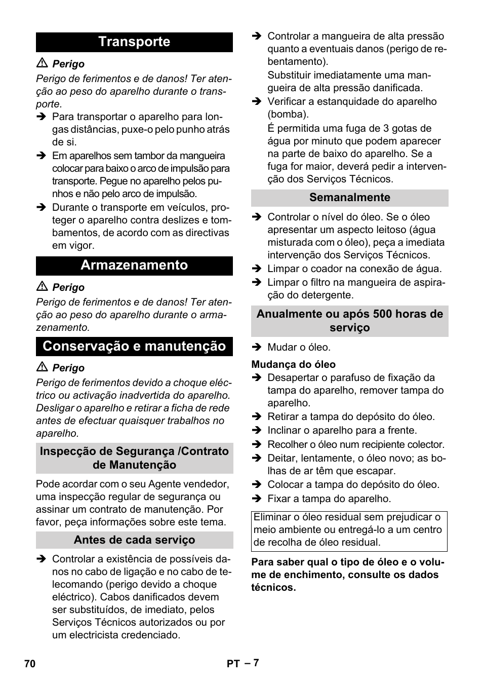 Transporte armazenamento conservação e manutenção | Karcher HD 5-15 C + FR User Manual | Page 70 / 280