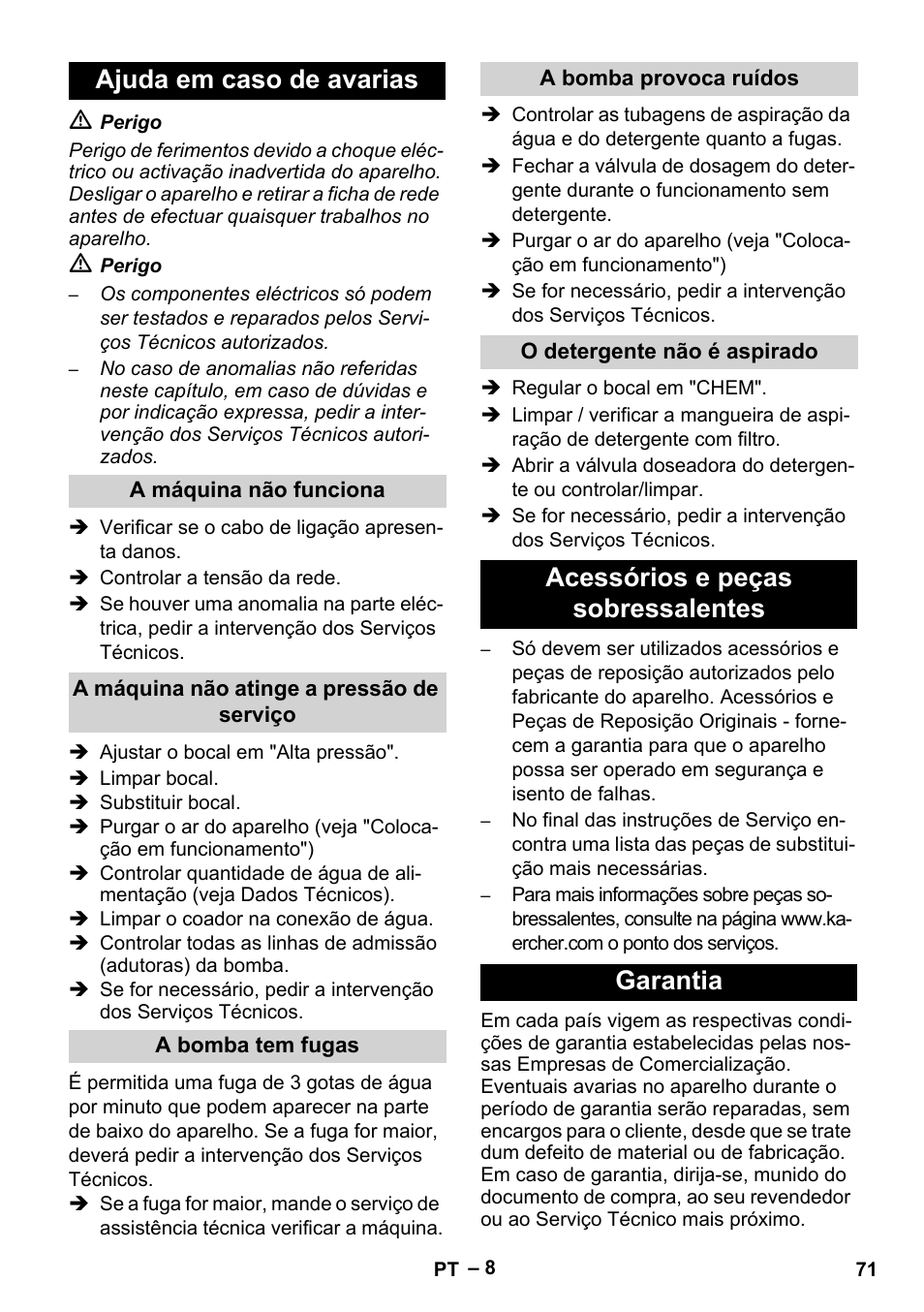 Ajuda em caso de avarias, Acessórios e peças sobressalentes garantia | Karcher HD 5-15 C + FR User Manual | Page 71 / 280