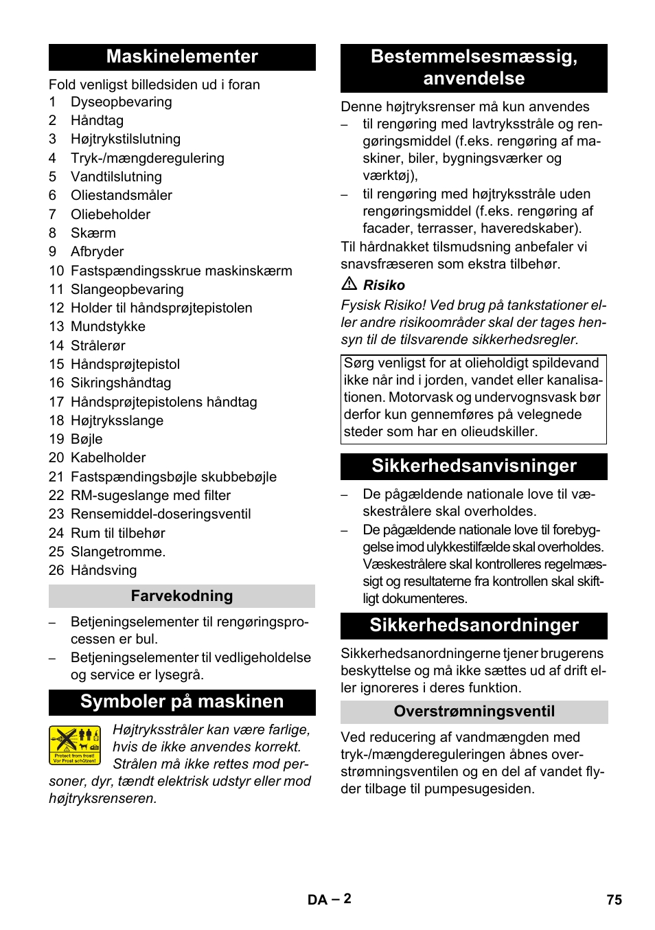 Maskinelementer, Sikkerhedsanvisninger sikkerhedsanordninger | Karcher HD 5-15 C + FR User Manual | Page 75 / 280