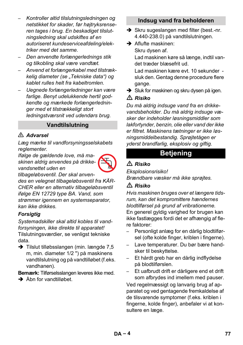 Betjening | Karcher HD 5-15 C + FR User Manual | Page 77 / 280