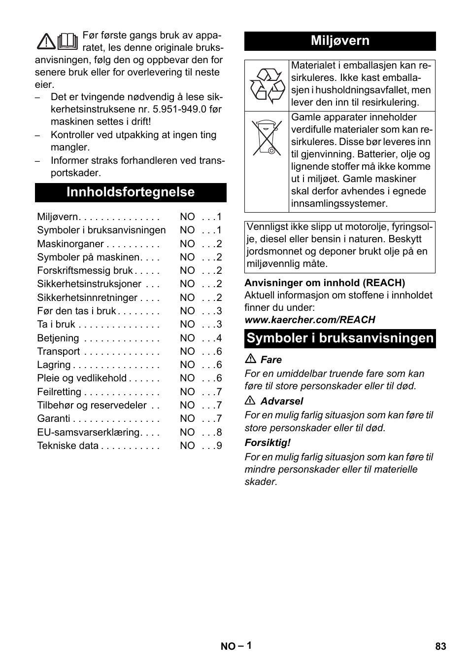 Norsk, Innholdsfortegnelse, Miljøvern | Symboler i bruksanvisningen | Karcher HD 5-15 C + FR User Manual | Page 83 / 280