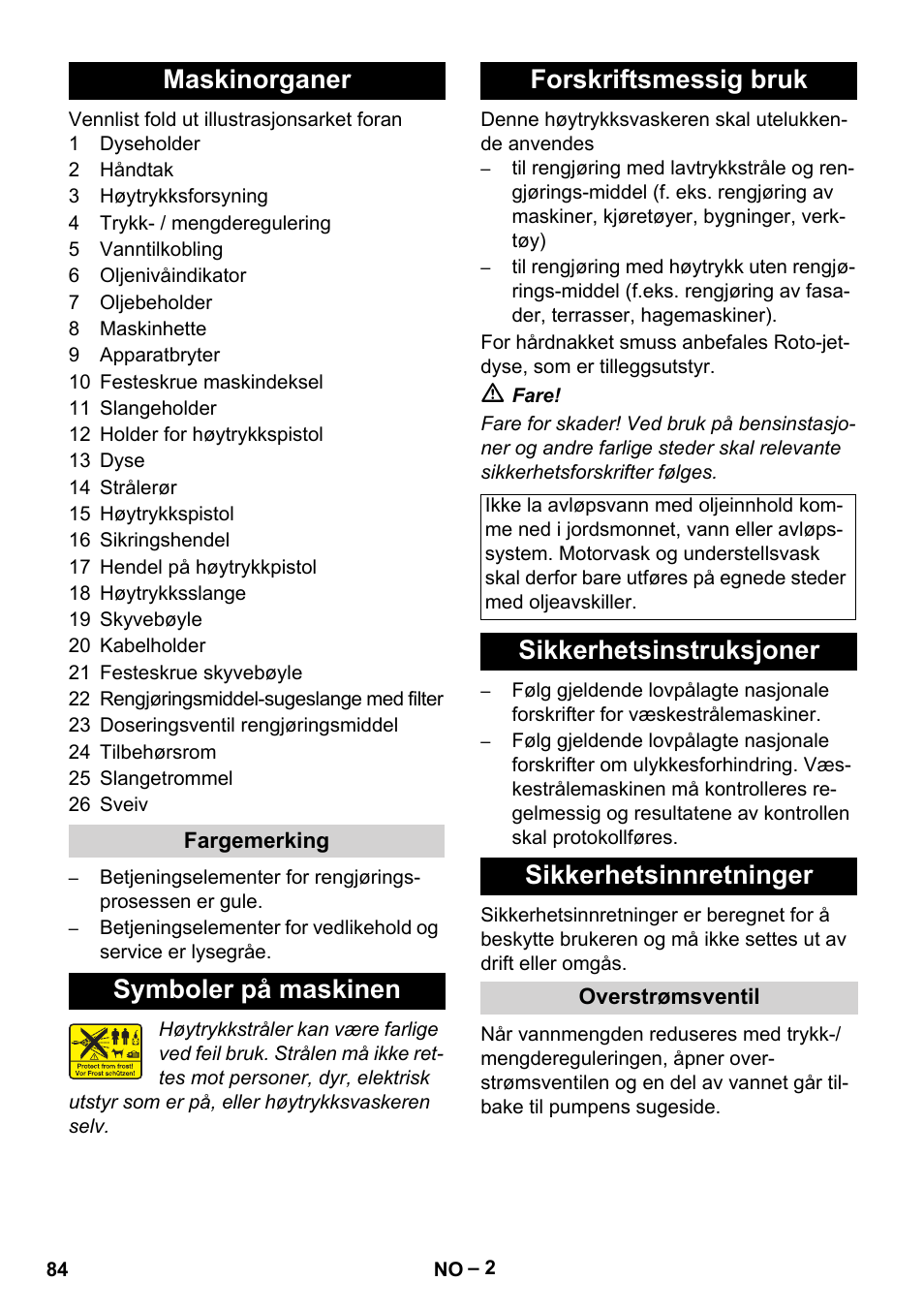 Maskinorganer, Symboler på maskinen forskriftsmessig bruk, Sikkerhetsinstruksjoner sikkerhetsinnretninger | Karcher HD 5-15 C + FR User Manual | Page 84 / 280