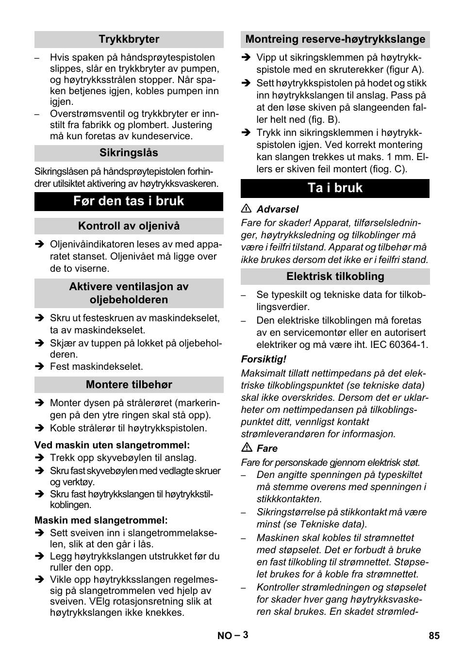 Før den tas i bruk, Ta i bruk | Karcher HD 5-15 C + FR User Manual | Page 85 / 280