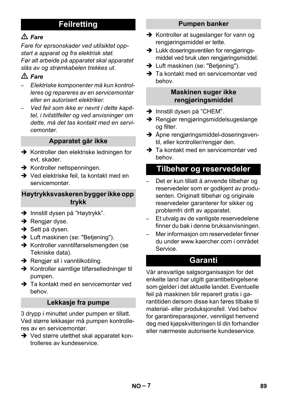 Feilretting, Tilbehør og reservedeler garanti | Karcher HD 5-15 C + FR User Manual | Page 89 / 280