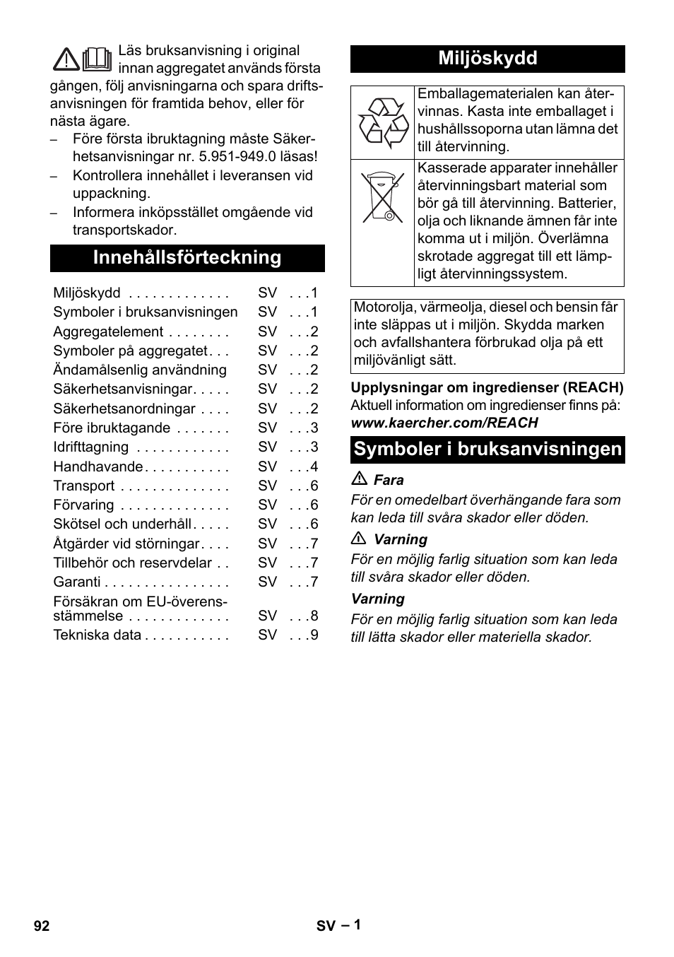 Svenska, Innehållsförteckning, Miljöskydd | Symboler i bruksanvisningen | Karcher HD 5-15 C + FR User Manual | Page 92 / 280