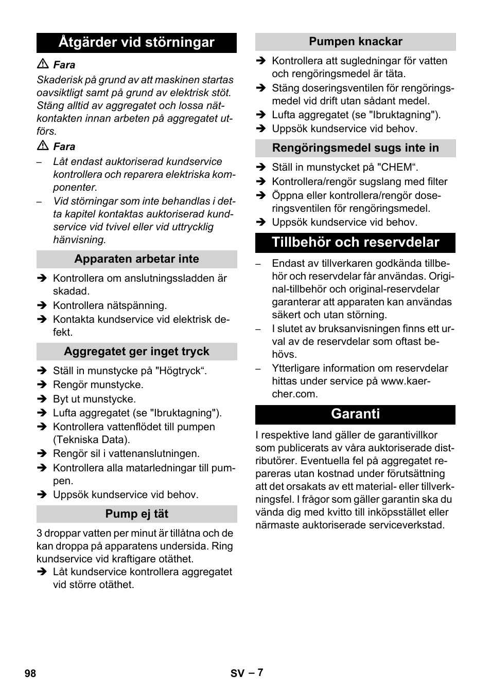 Åtgärder vid störningar, Tillbehör och reservdelar garanti | Karcher HD 5-15 C + FR User Manual | Page 98 / 280