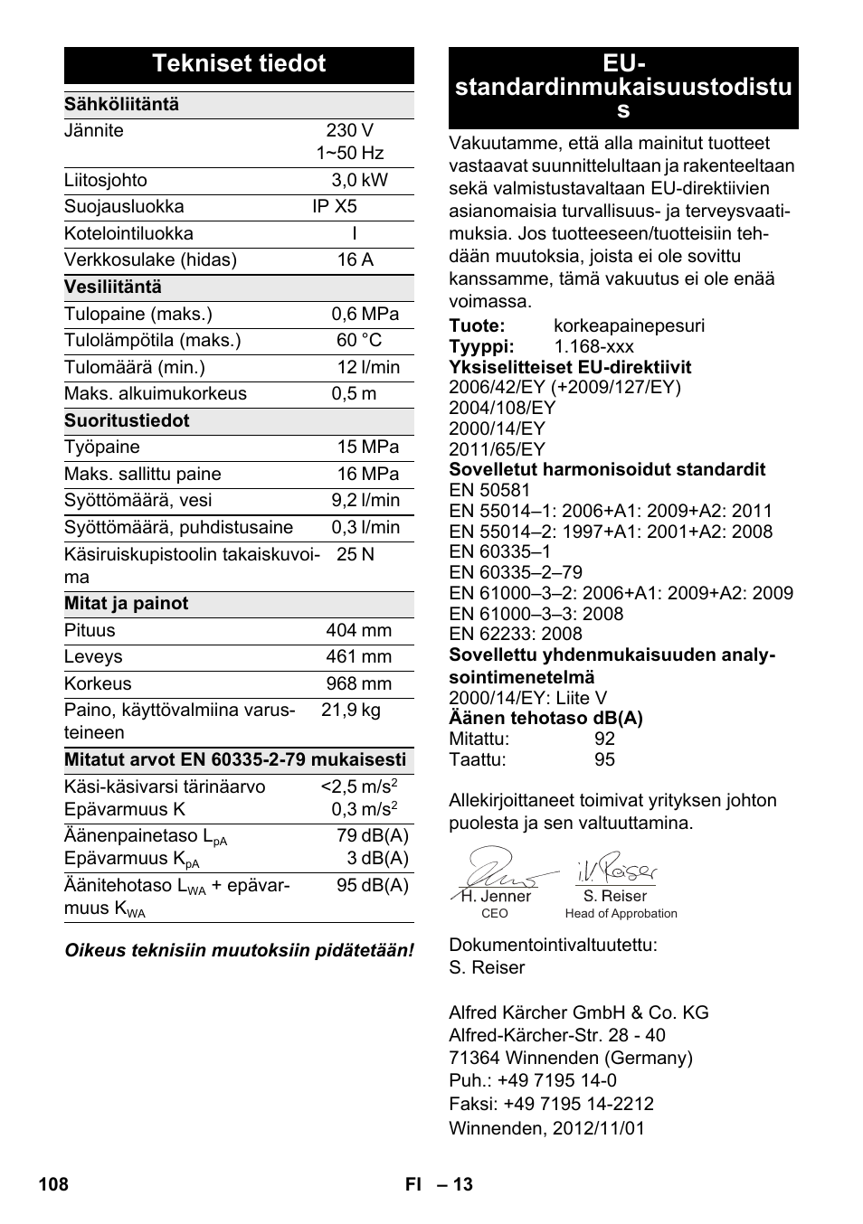 Tekniset tiedot, Eu- standardinmukaisuustodistu s | Karcher K 7 Premium eco!ogic Home User Manual | Page 108 / 264