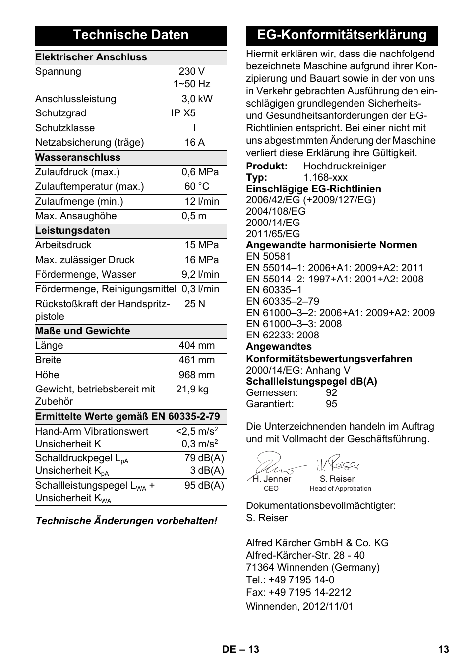 Technische daten, Eg-konformitätserklärung | Karcher K 7 Premium eco!ogic Home User Manual | Page 13 / 264