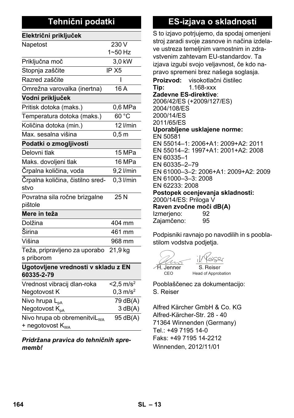 Tehnični podatki, Es-izjava o skladnosti | Karcher K 7 Premium eco!ogic Home User Manual | Page 164 / 264