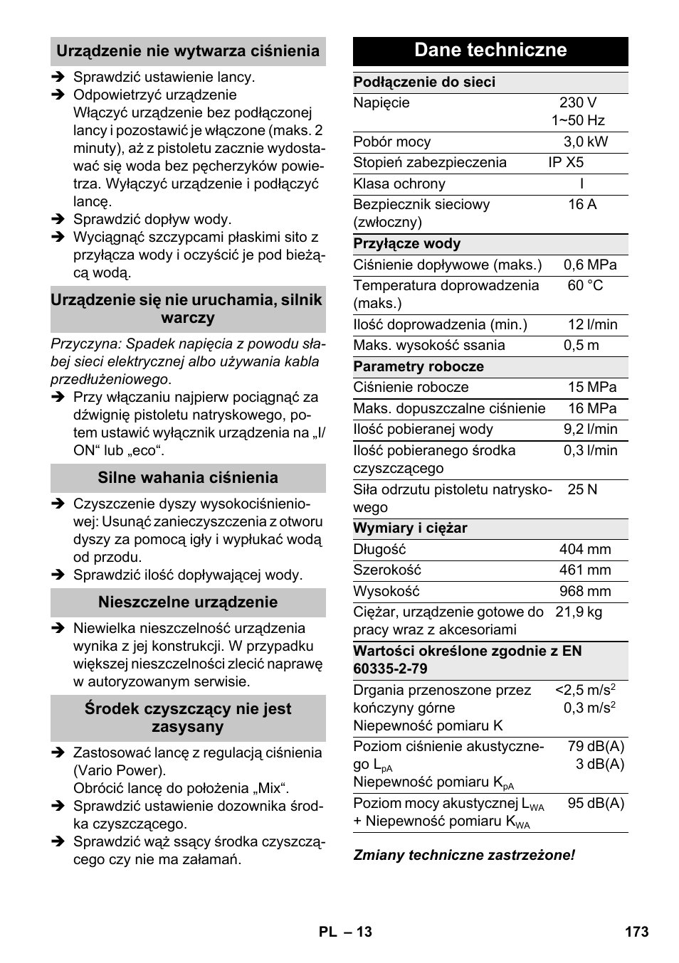 Dane techniczne | Karcher K 7 Premium eco!ogic Home User Manual | Page 173 / 264