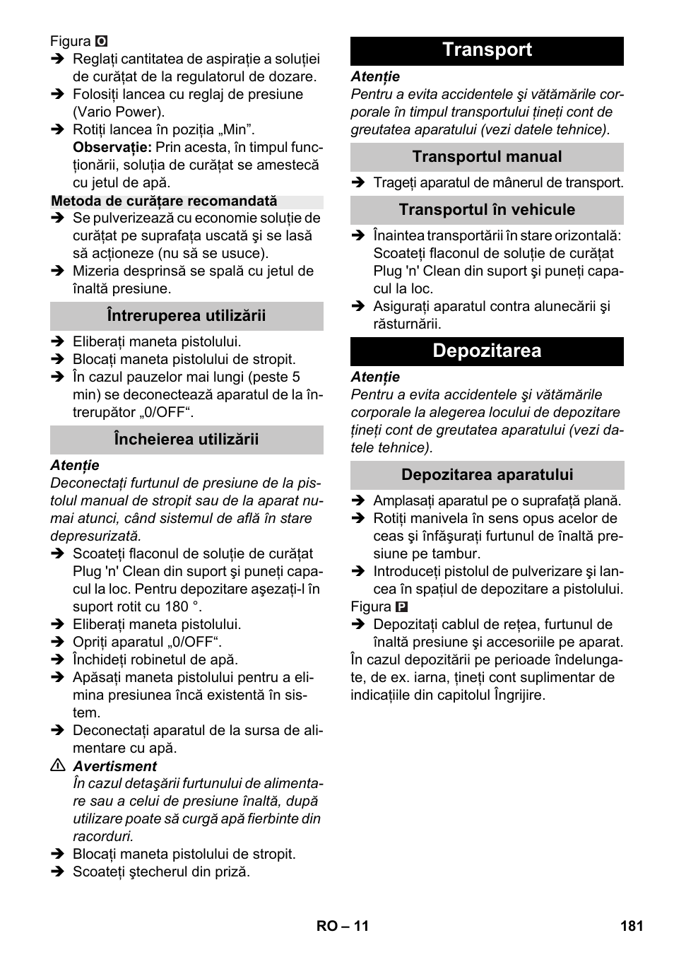 Transport, Depozitarea | Karcher K 7 Premium eco!ogic Home User Manual | Page 181 / 264