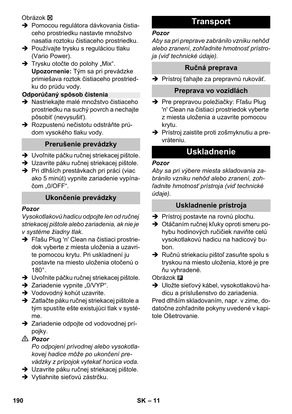 Transport, Uskladnenie | Karcher K 7 Premium eco!ogic Home User Manual | Page 190 / 264