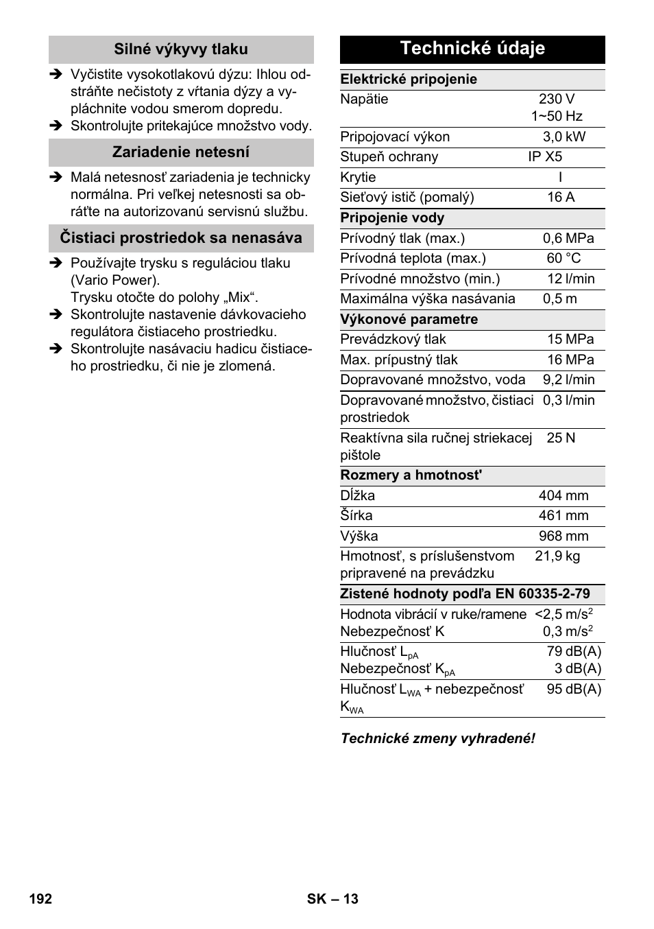 Technické údaje | Karcher K 7 Premium eco!ogic Home User Manual | Page 192 / 264