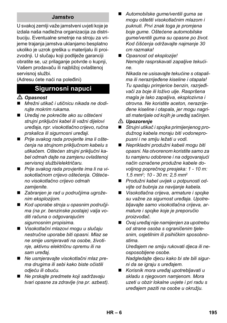 Sigurnosni napuci | Karcher K 7 Premium eco!ogic Home User Manual | Page 195 / 264