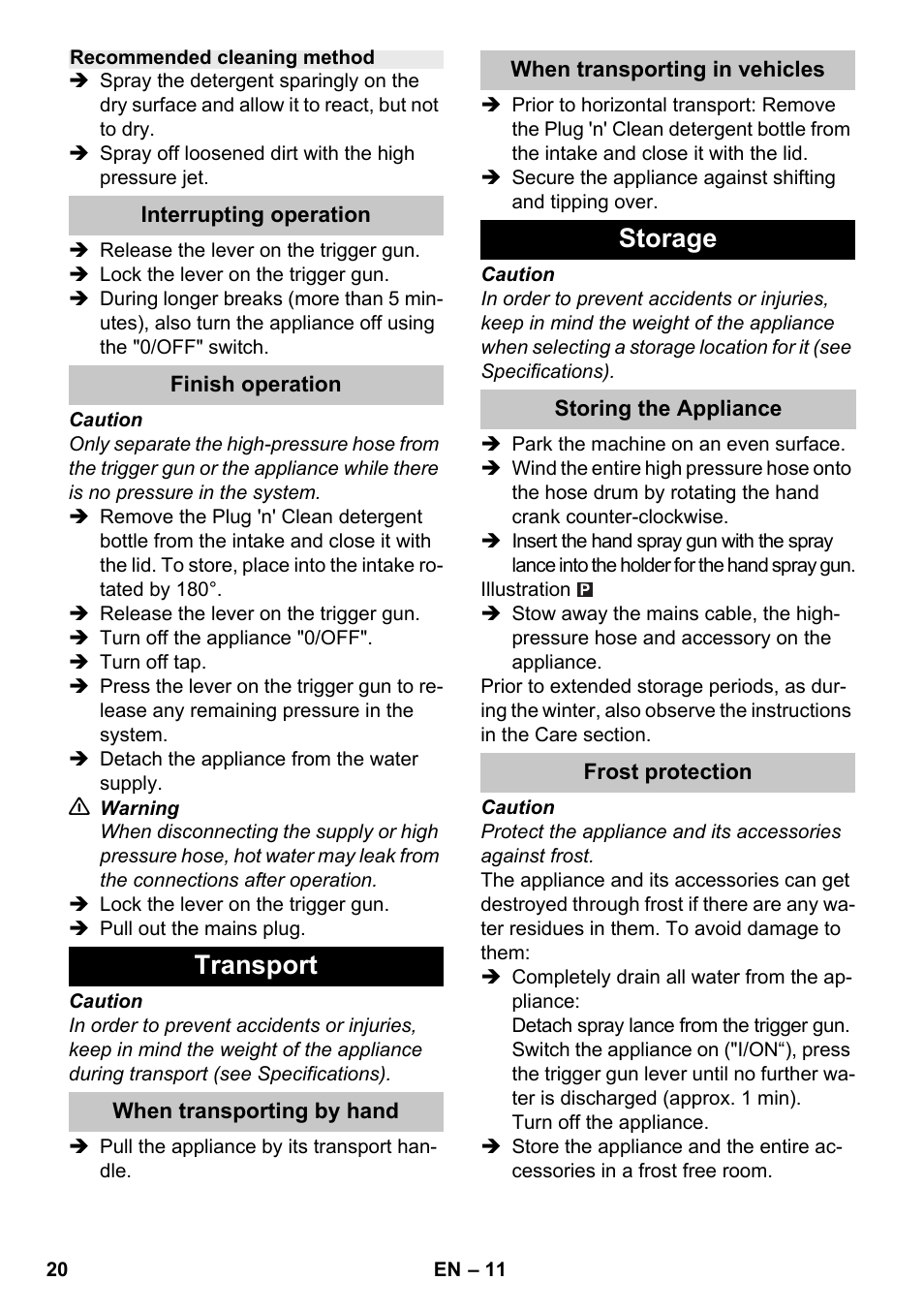 Transport, Storage | Karcher K 7 Premium eco!ogic Home User Manual | Page 20 / 264