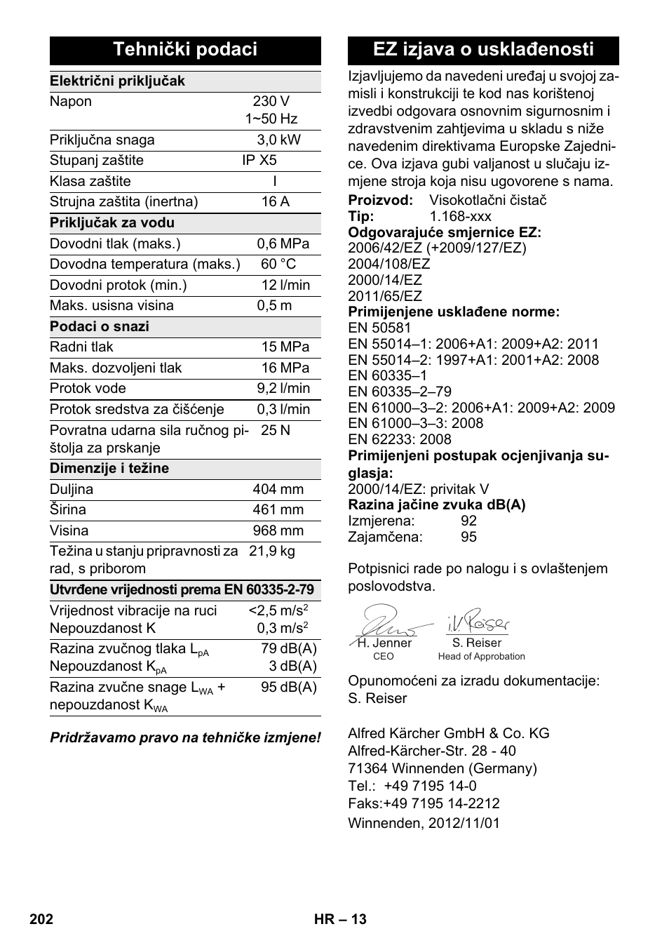 Tehnički podaci, Ez izjava o usklađenosti | Karcher K 7 Premium eco!ogic Home User Manual | Page 202 / 264