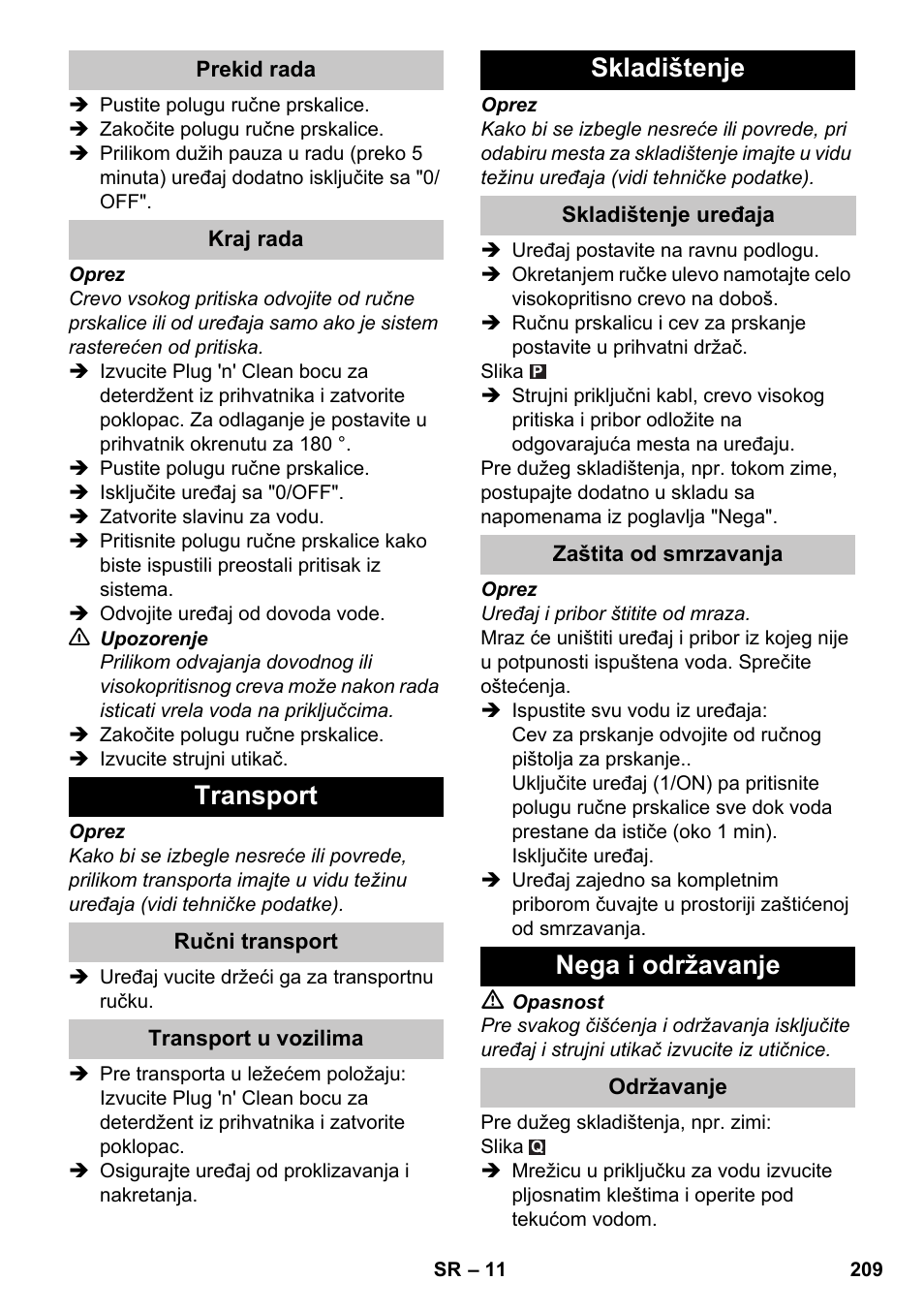 Transport, Skladištenje, Nega i održavanje | Karcher K 7 Premium eco!ogic Home User Manual | Page 209 / 264