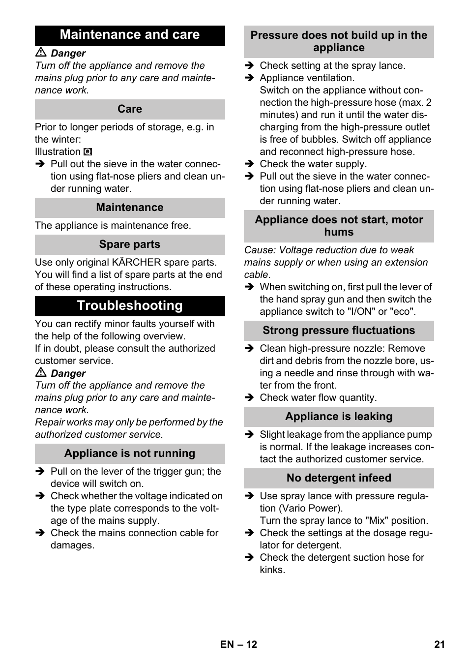 Maintenance and care, Troubleshooting | Karcher K 7 Premium eco!ogic Home User Manual | Page 21 / 264