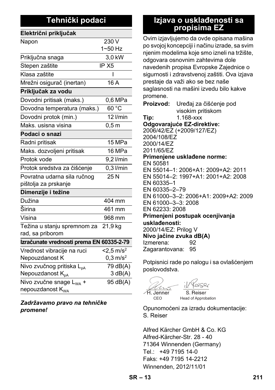 Tehnički podaci, Izjava o usklađenosti sa propisima ez | Karcher K 7 Premium eco!ogic Home User Manual | Page 211 / 264